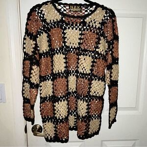 NEK Northeast Knitters Metallic Crochet Block Squares Knit Sweater